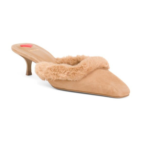 NEW LARROUDE Handmade In Brazil Suede Amal Faux Fur Kitten Heel Mules 925 13t7 - Picture 3 of 8